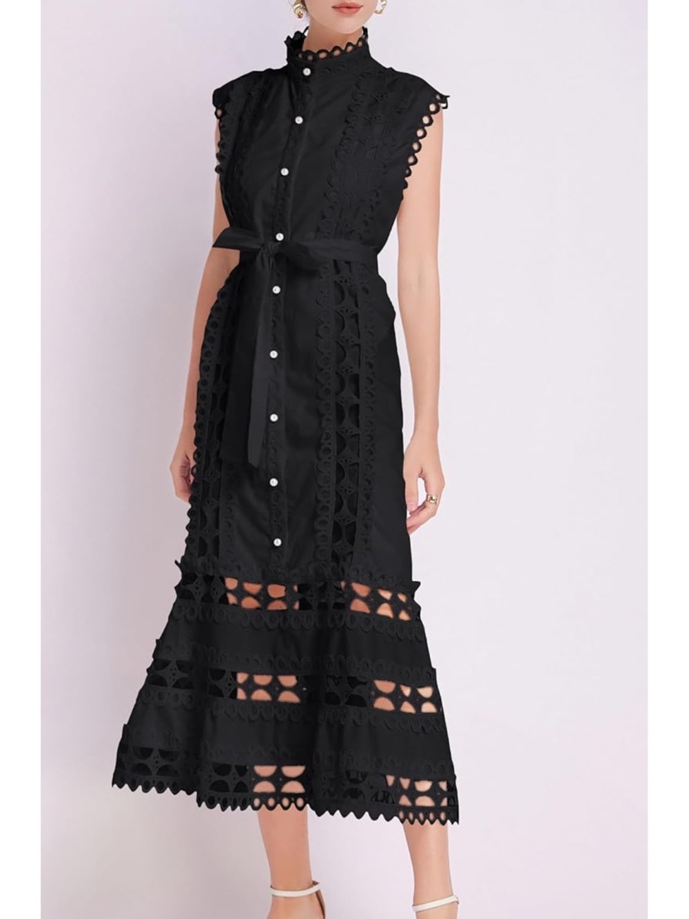 Black Lace-Trim Midi Shirt Dress with Waist Tie - Picture 14 of 14